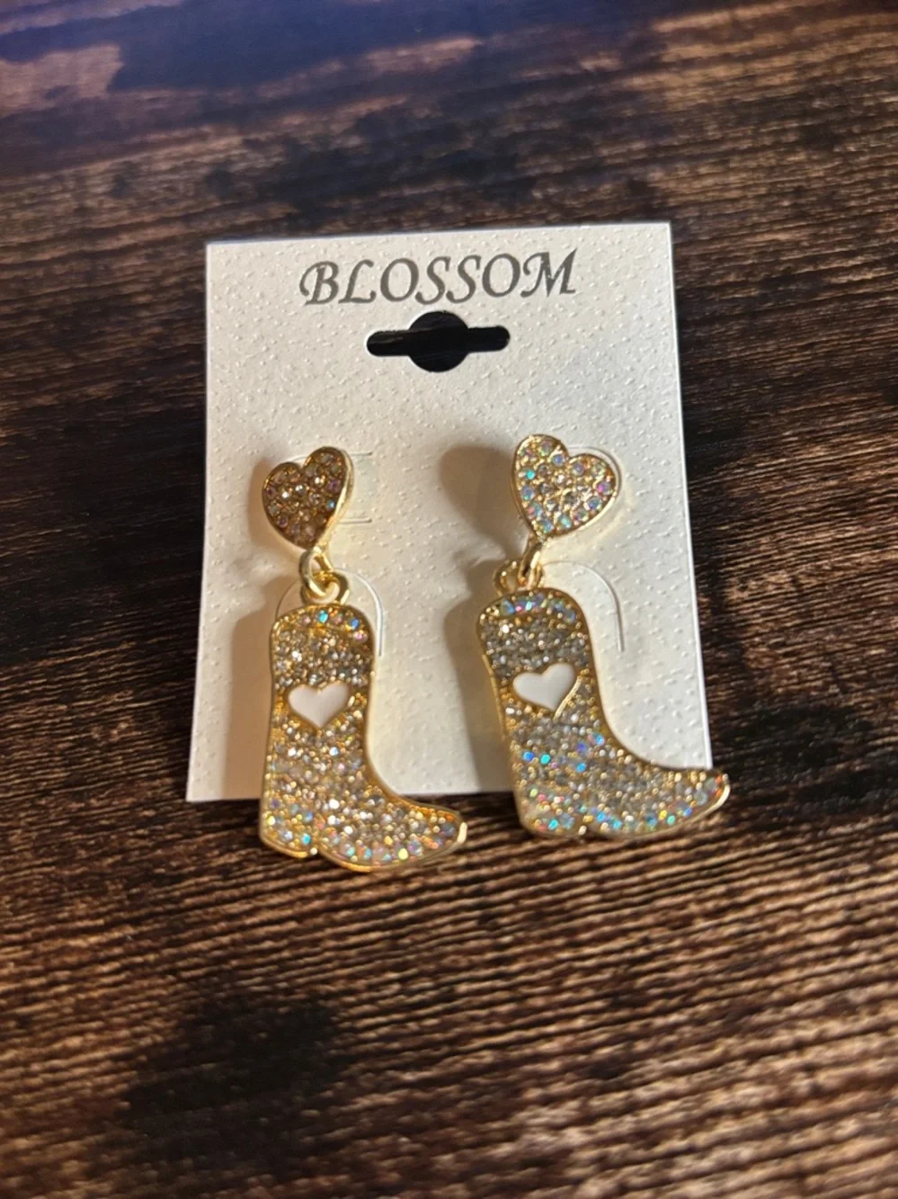 BLOSSOM Crystal Gold Tone Cowboy Boot Heart Drop Earrings